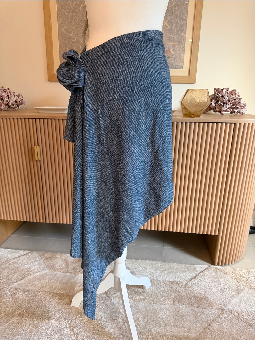 Magda Butrym Denim-Blue Asymmetrical Wrap Skirt with Rosette